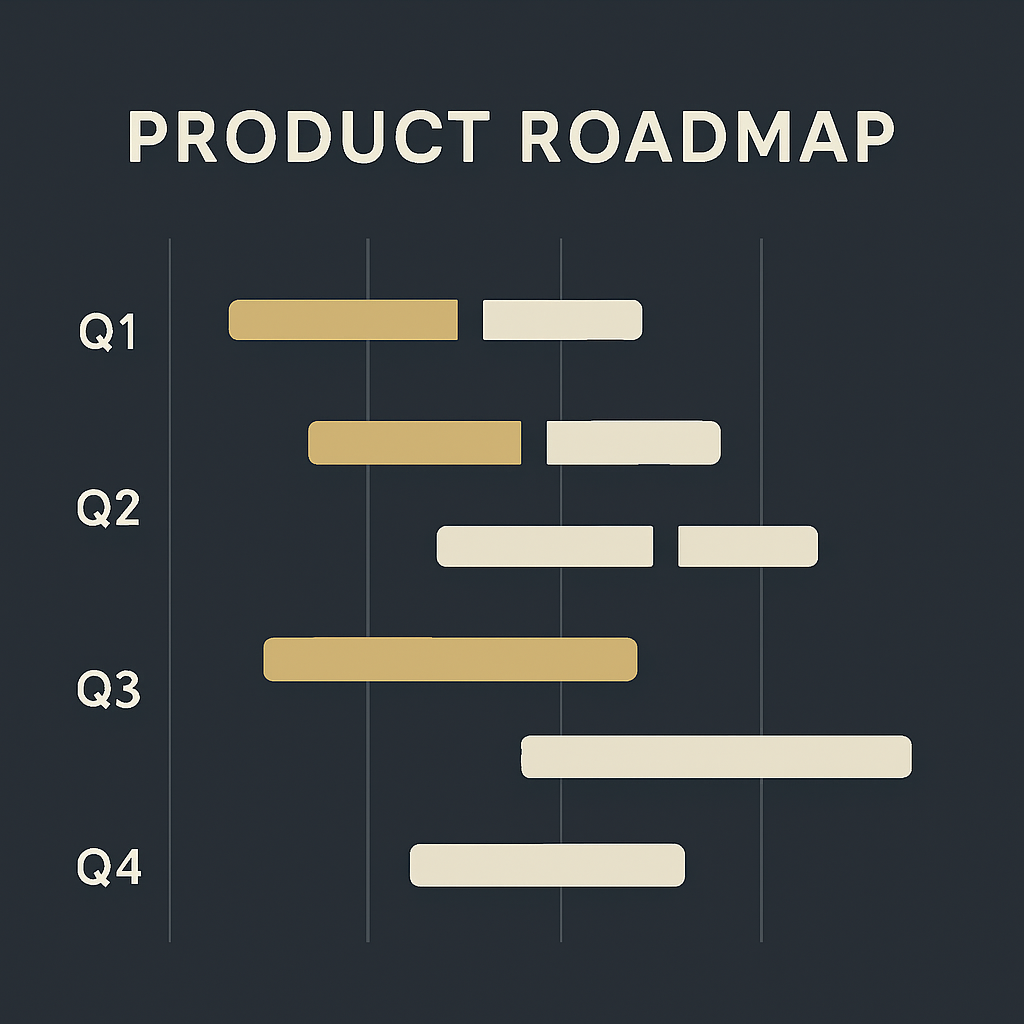 Minimalist product roadmap chart with gold and white bars on a dark background — illustrating strategic planning and executive advisory.