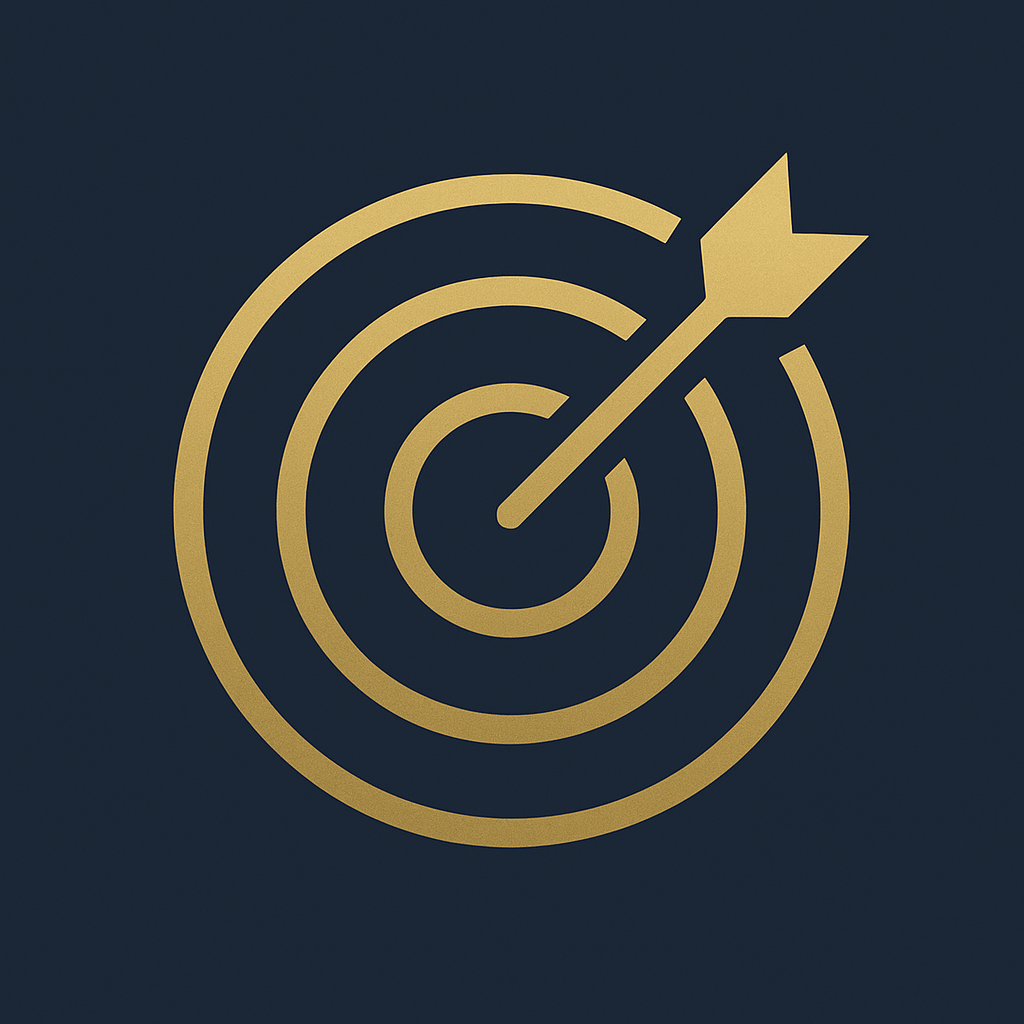 Abstract golden bullseye and arrow icon on a dark background — symbolizing focus, delivery, and effective project execution.
