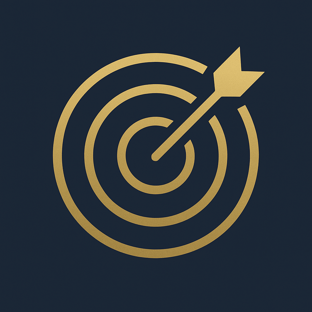 Abstract golden bullseye and arrow icon on a dark background — symbolizing focus, delivery, and effective project execution.