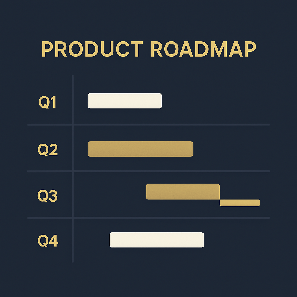 Minimalist product roadmap chart with gold and white bars on a dark background — illustrating strategic planning and executive advisory.