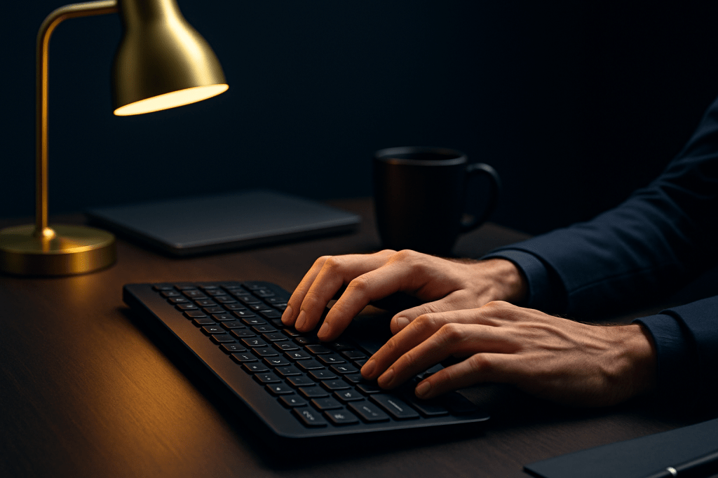 Close-up of hands typing on a black keyboard in a minimalist dark workspace with gold accents — conveying confidence, delivery, and momentum.